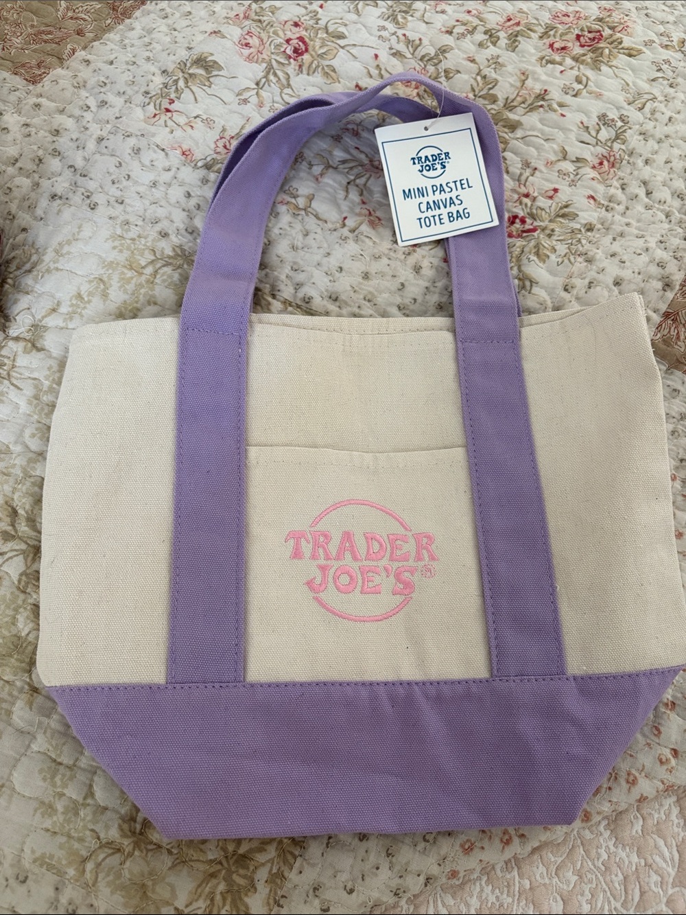 Trader Joe’s Mini Tote Pastel Lavender Pink Embroidered Limited Edition